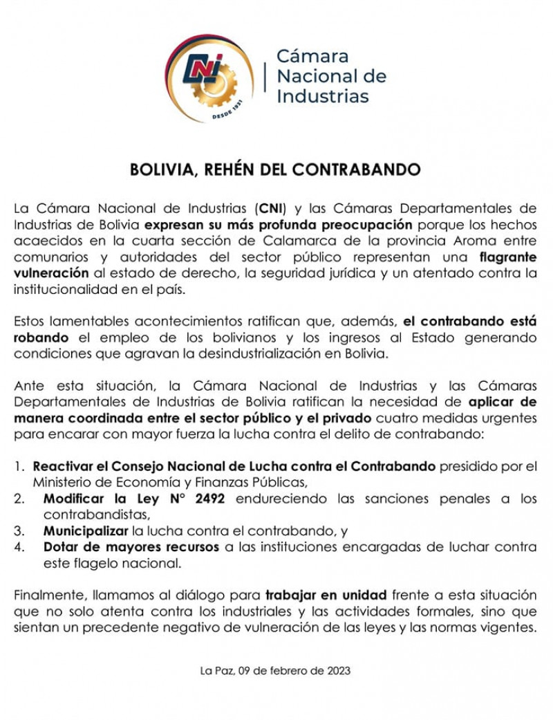 COMUNICADO BOLIVIA, REHÉN DEL CONTRABANDO