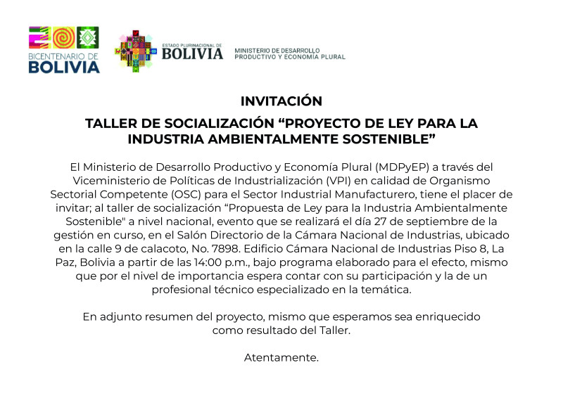  TALLER DE SOCIALIZACIÓN “PROYECTO DE LEY PARA LA INDUSTRIA AMBIENTALMENTE SOSTENIBLE”
